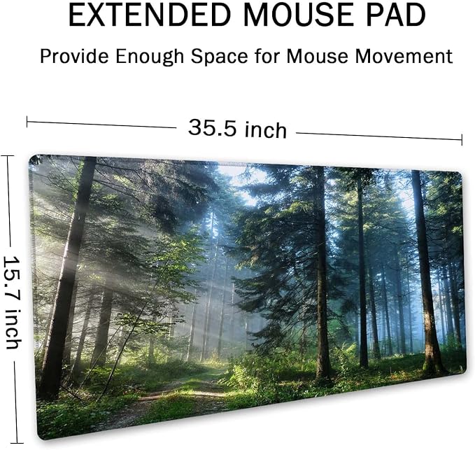 SSOIU Extended Gaming Mouse Pad XXL ArtSo Large Keyboard Mat Long Mousepad Desk Decor Writing Pad Non Slip Rubber Base Stitched Edges for Work, Game, Office, Home, 35.5" x 15.7", Forest Morning