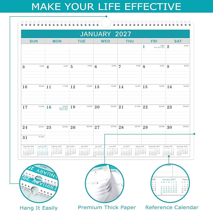 Lemome Calendar 2026-2027 Office Home Planning & Organizing, July 2026 to December 2027, Thick Paper, Julian Date, Large Monthly Wall Hanging Spiral Planner for Family and Work - Green 11.5" x 14.6"