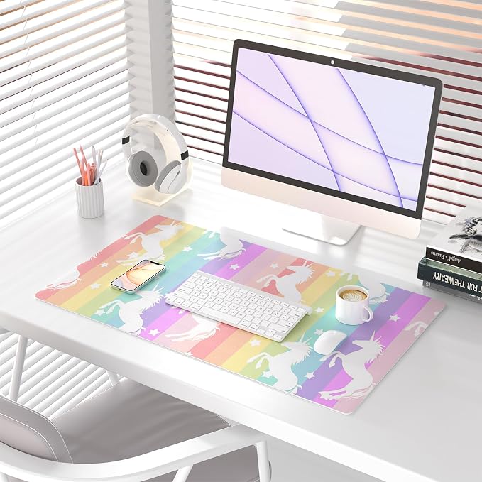Unicorn Desk Pad Leather Desk Mat for Girls Women Cute Desk Accessories Kawaii Office Decor, Colorful Star Waterproof Large Mouse Pad Kids Desk Organizer Non-Slip Desk Blotter Big Rainbow Writing Mat | Girls Women Cute Desk Mat, Rainbow Desk Accessorie...