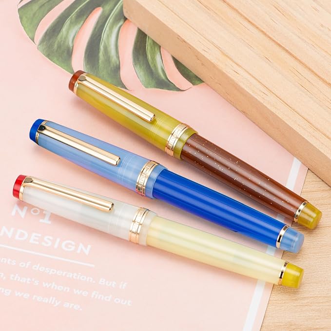 Jinhao 82 Acrylic Fountain Pen, Iridium Bent Nib with Ink Converter, Morandi Sky Blue Contrast Color Classic Design Smooth Writing Pen (Gold Trim)