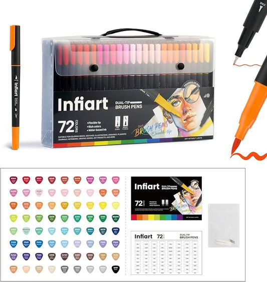 72 Colors Dual Tip Brush Pens, Water-Based Markers with Fine Tip and Brush Tip, Non-Toxic Art Supplies for Adult Coloring Books, Calligraphy, Sketching, Journaling, Drawing