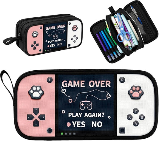 Game Controller Pencil Case for Boys Kids Teens, Large Capacity Pencil Pouch with 3 Compartments, 7 Pockets and Label Pocket for School College Office Travel (Pink & White)