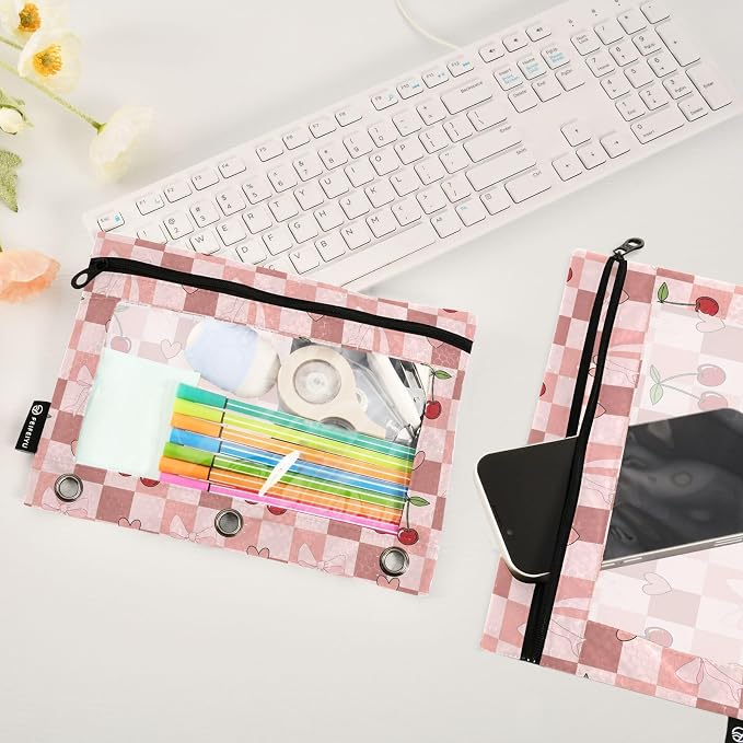 Gredecor 3 Ring Binder Pencil Pouch, Cherry Coquette Ribbon Bow (45) Zippered Pen Case Pouches with Clear Window, 2 Pack Stylish Office & School Supplie