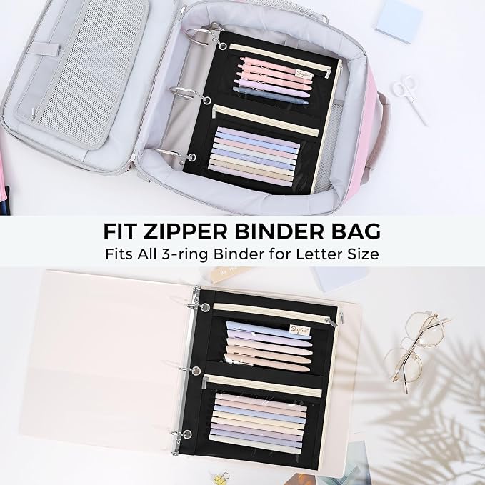 SKYDUE Pencil Pouch for 3 Ring Binder, 3 Compartment Zipper Pencil Case, Large Capacity Pen Organizer with Clear PVC Window for School Supplies, Students, Kids & Teachers
