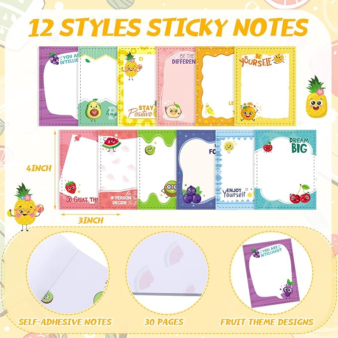 Chiisong 12 Pcs Fun Inspirational Sticky Notes 3 x 4 Inch Motivational Fruit Notepads Cute Post Positive Appreciation Sticky Notes Positive Gifts for Office Nurse Coworkers Supplies