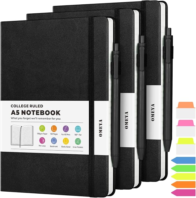 OMEYA A5 Hardcover Notebooks for Work: 3 Pack, Black, 100gsm Thick Paper | Each 160 Lined Pages, 5.75" x 8.38", PU Leather Hardcover, 3 Pens, 2 Inner Pockets, 180° Lay-Flat, For Business, School