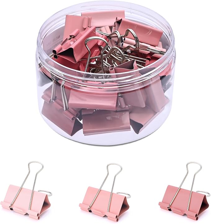Temiary Aesthetic Binder Clips, Medium Metal Binder Clip with Clear Storage Container, Binding Paperwork Clamps for School Teachers Office Supplies (Pink 1.26 Inch, 24P)