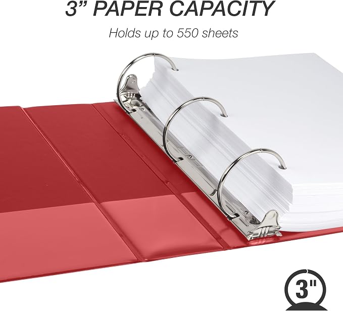 Samsill 3 Inch 3 Ring Binders, Economy Round Ring, Clear View Cover, 550 Sheet Capacity - for School, Home, Office - Red, 12 Pack