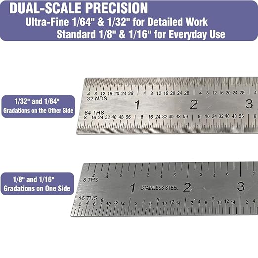 12 Inch Machinist Ruler Set - 2 Pack Stainless Steel Precision Double Sided Ruler with 1/64, 1/32, 1/16 & 1/8 Inch Graduations, Etched Markings - for Engineers,Woodworking and DIY (2, 12 Inch)