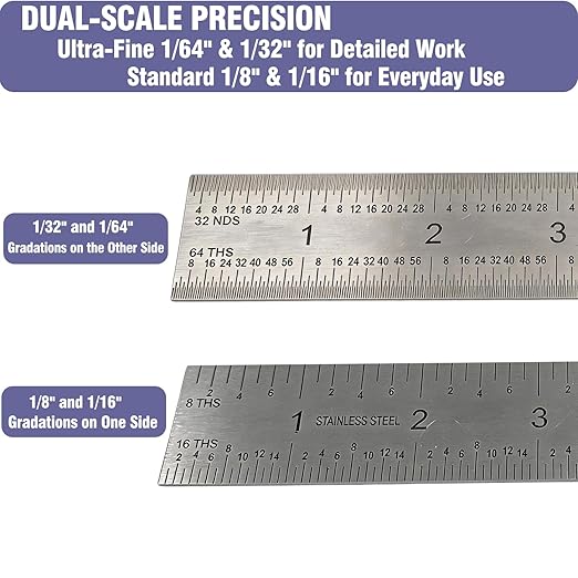 12 Inch Machinist Ruler Set - Stainless Steel Precision Double Sided Ruler with 1/64, 1/32, 1/16 & 1/8 Inch Graduations, Etched Markings - for Engineers,Woodworking and DIY (1, 12 Inch)