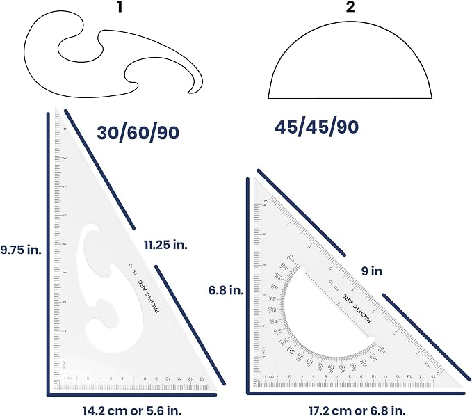 Pacific Arc - Triangle Set 10 Inch 30/60 & 45/90 - Student, Professional or DIY use. - 2 Pack