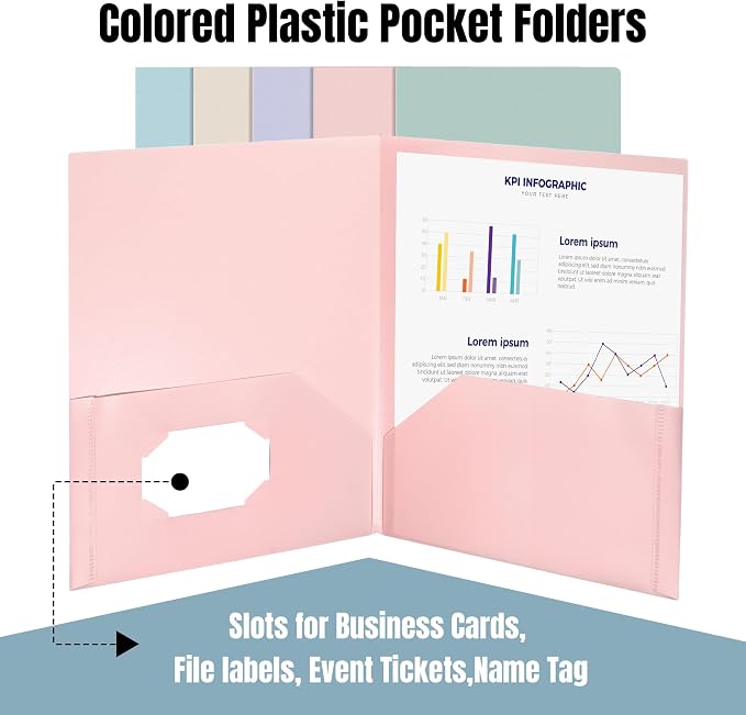 GNL Plastic Folders with Pockets, Pack of 10, Muted Pastel Colors, Heavy Duty 2 Pocket File Folders Letter Size, Pocket Folders for School, Home, and Office