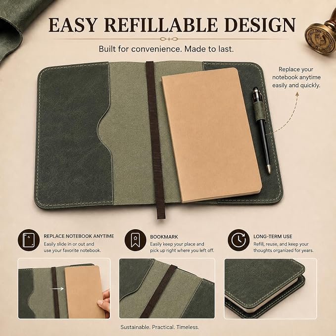 A5 Leather journal cover, Refillable Journal Cover for Large and Medium A5, Leather Handmade Notebook Cover, 9 x 6 Inches Leather Bound Journal (Green)