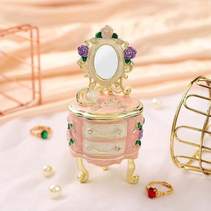 QIFU Hand Painted Pink Dressing Table Style Enamel Trinket Box Hinged, Elegant Small Jewelry Box