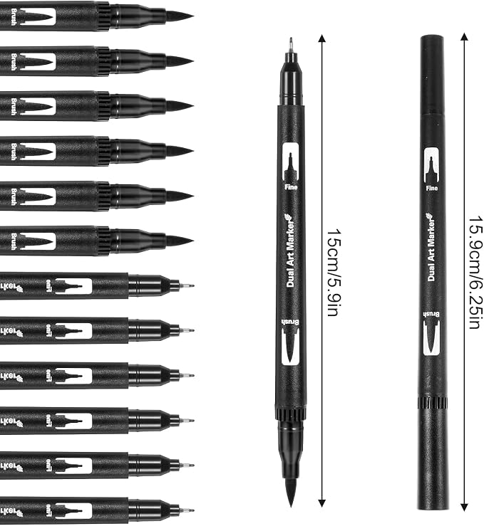 Qianyu 12 Pack Drawing Pens Black Felt Tip Markers Dual Brush Fineliners Pens Fine Calligraphy Brush Pens For Beginners Art Sketching Writing Hand Lettering Scrapbooking Journaling