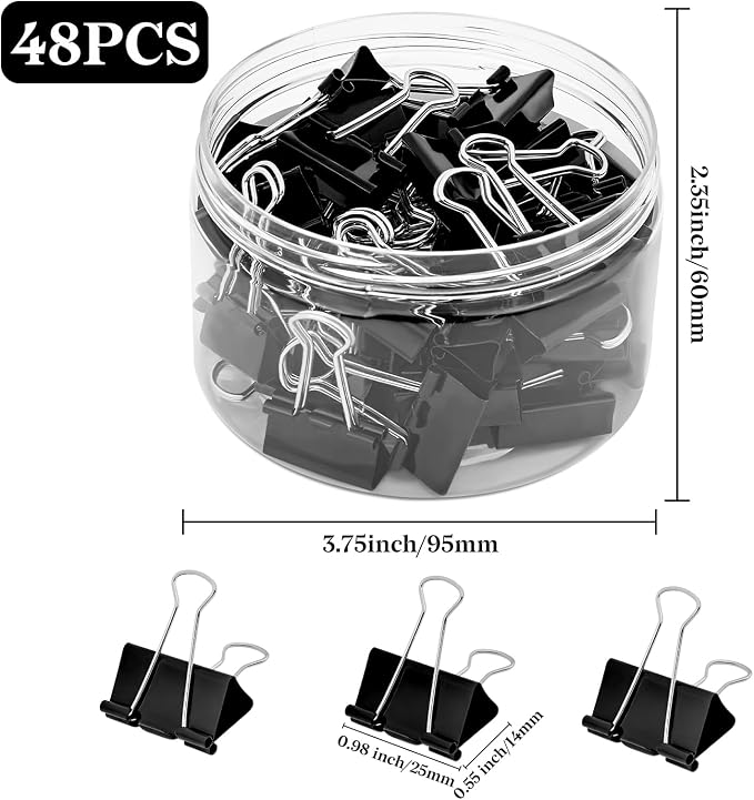Temiary Binder Clips, Medium Metal Binder Paper Clip Black 0.98Inch, 48 Pcs | Paper Clamps with Clear Storage Container, Binding Paperwork Clamps for School Teachers Office Supplies