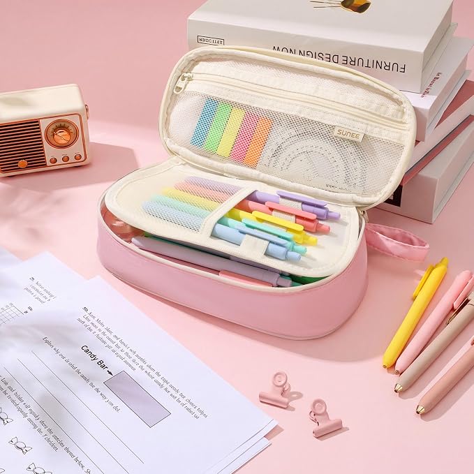 SUNEE Cute Pencil Case, Kawaii Big Capacity Pencil Pouch, Personalized Initial Pencil Bag with Zipper, Stationery Storage and Organizer, Back to School Supplies, Pen Box for Girls & Boys, Teen, C-Pink