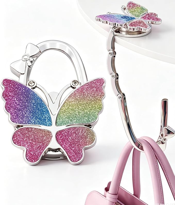 Purse Hook for Table, Foldable Handbag Hanger for Women, Portable Bag Holder with Non-Slip Base, Cute Colorful Glitter Butterfly Purse Table Hook for Restaurant Office Travel Gift
