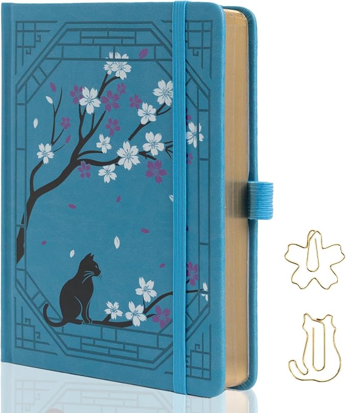 TIEFOSSI A5 Lined Journal, Cute Cat Journal for Women Girls, College Ruled Notebook with Pretty Sakura Pattern, Aesthetic Diary for Writing Journaling Drawing, Golden Edges
