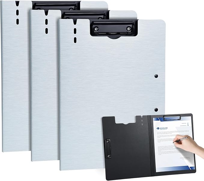 Clipboard Folder, with Dual Metal Clips, Embossed-Texture, Folding 360° Rotating, Nursing Clipboard for Letter and A4, Pen Holder (Silver, 3)