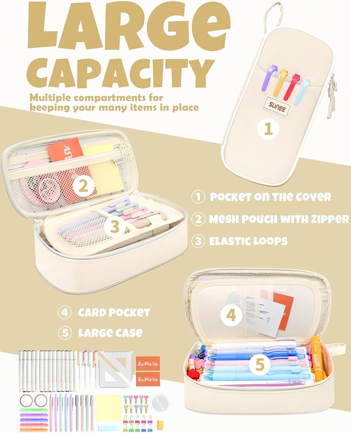 SUNEE Cute Pencil Case, Aesthetic Pen Pouch, Colored Large Pencil Bag with Zipper, Kawaii Stationery Storage and Organizer, School Supplies for Teen and Adult Girls, Beige