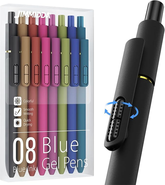 8 Pack Blue Gel Pens with Fidget, 0.7mm Blue Ink Quick-Drying | Fine Point Smooth Writing - Stress Relief Retractable, Soft Grip Cute Pen for Journaling, School Office, Gift, Vintage Style