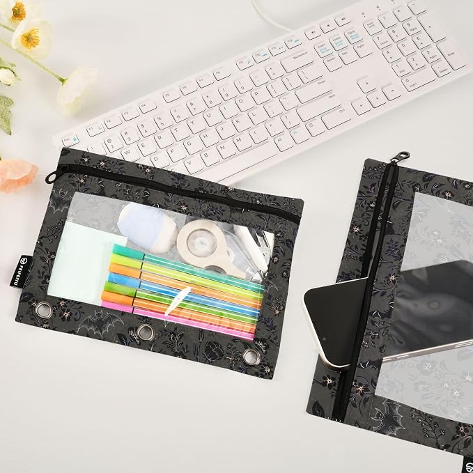 Goth Bats Pencil Pouches for 3 Ring Binder, Zipper Binder Pencil Case, 2 Pack Clear Window Case Bag for Office Organizers