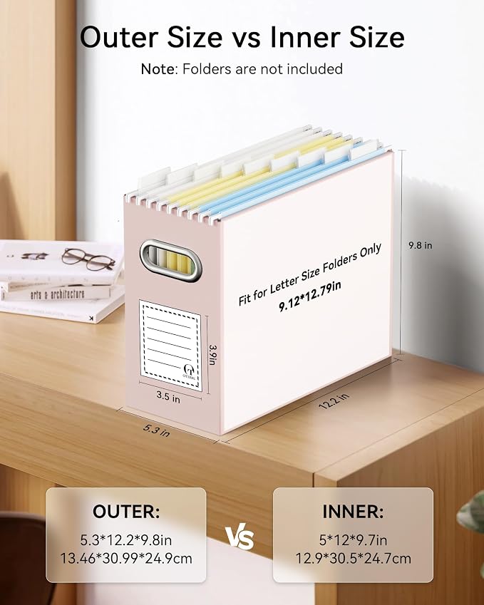 Oterri File Organizer Box, Portable Collapsible Cardboard File Folder Organizer with Handle for Letter Size Hanging Files, Document Storage Box for Home Office & Classroom (4 Packs, Light Pink)