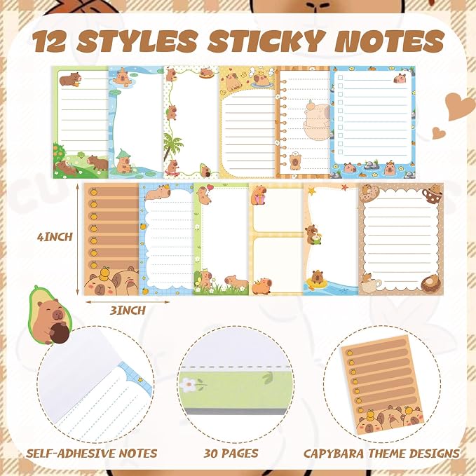 Chiisong 12 Pack Capybara Sticky Notes Gifts Cute Sticky Notes 3x4 Funny Gifts for Capybara Lovers Cartoon Notepads Animals Memo for Women Men Office Supplies Home Christmas Favors