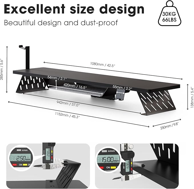 Fenge Dual Monitor Stand, Wooden Desk Shelf with Headphone & Phone Holder | 42.5" Monitor Riser with Storage Shelf, 2-Tier Monitor Shelf with Metal Leg for Home Office Organizer, Black