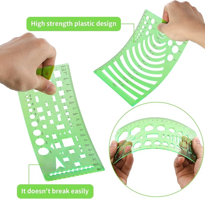 Zonon 16 Pcs Geometric Drawing Templates Kit, Drafting Stencils Measuring Rulers 12 Inch Aluminum Architect Scale Building Geometric Plastic Ruler for Design School Studying Office Building