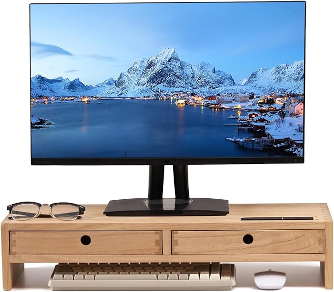 KIRIGEN Solid Wood Monitor Stand with 2 Drawers, Desk Riser, Natural PMJ-NA | Desktop Organizer with Cable Opening and Pen Slots Stores Office Supplies, Supports Up To 50 Lb and Arrives Fully Assembled.