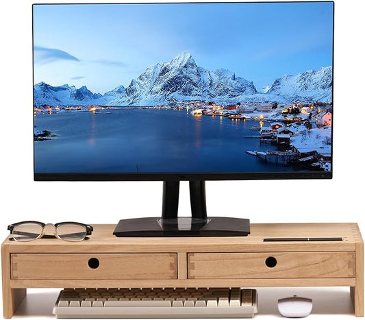 KIRIGEN Solid Wood Monitor Stand with 2 Drawers, Desk Riser, Natural PMJ-NA | Desktop Organizer with Cable Opening and Pen Slots Stores Office Supplies, Supports Up To 50 Lb and Arrives Fully Assembled.