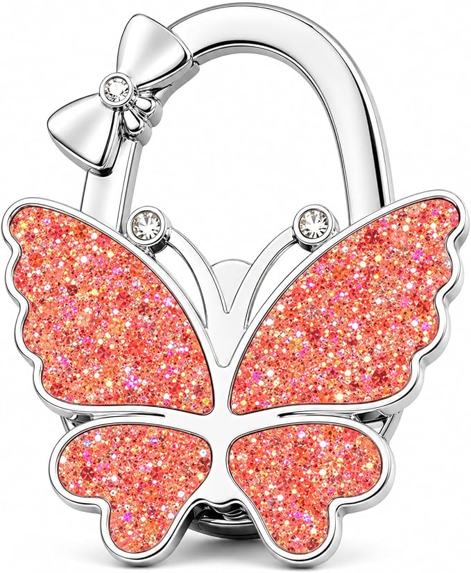 Purse Hook for Table, Foldable Handbag Hanger for Women, Portable Bag Holder with Non-Slip Base, Cute Red Glitter Butterfly Purse Table Hook for Restaurant Office Travel Gift