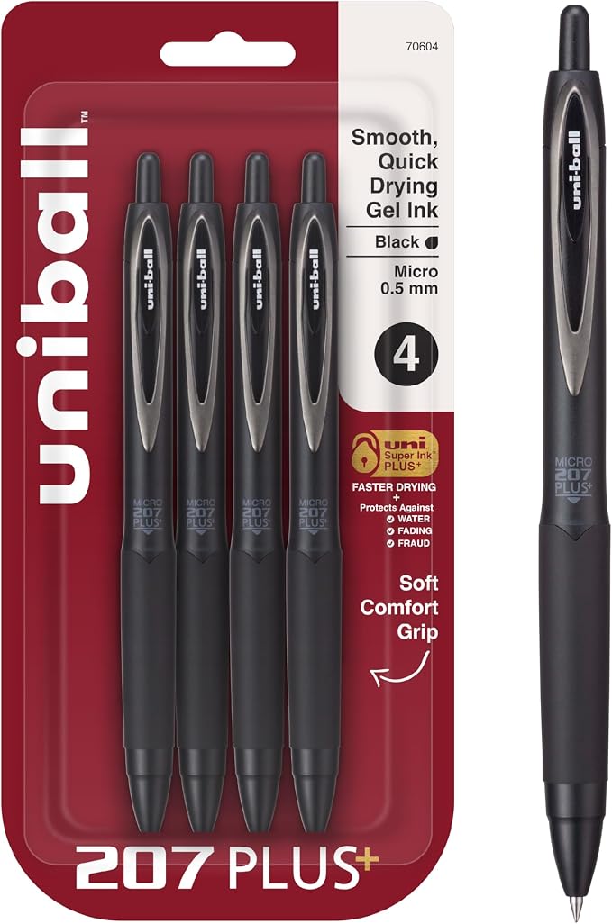 Uni-Ball 207+ Black Retractable Gel Pens 4 Pack with Micro 0.5mm Points, Uni-Ball Click Pens are Fraud Proof and the Best Office, School, and Bible Pens