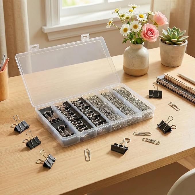 340Pcs Black Paper Clips and Binder Clips Assorted Sizes, Large Medium Small Binder Paper Clips Office Clips Office Supplies, Assorted Paper Clamps PaperClips for Home Office Supplies in a Container
