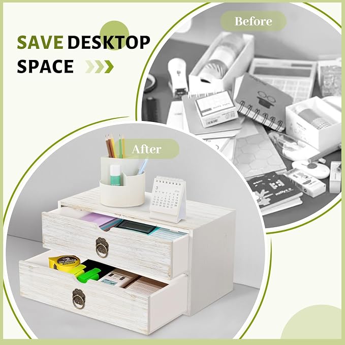 Wood Desk Organizer, White Wooden Desktop Organizer with Drawer, Tabletop Storage Organization Box for Countertop, Home Office Supplies, Bills (2 Drawer)