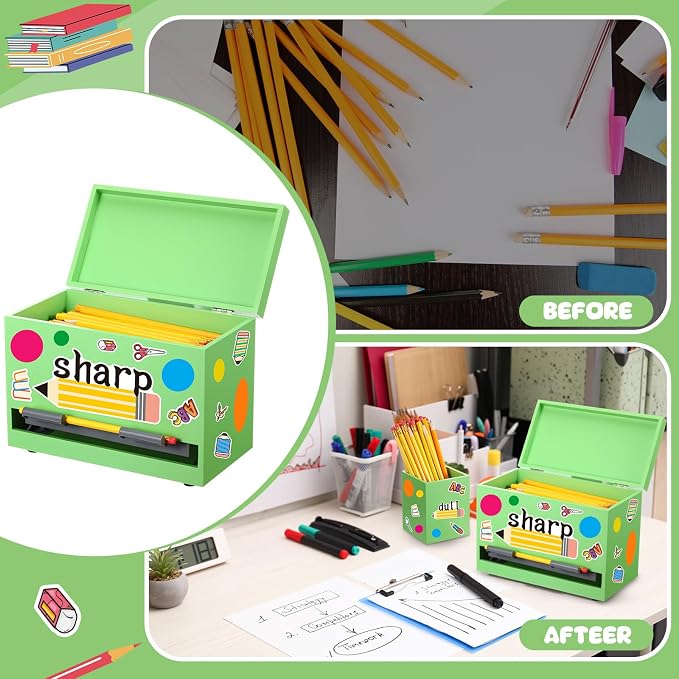 Mifoci 8 Pcs Wooden Pencil Dispenser Kit for Classroom Wooden Pen Holder Straw Dispenser Sharp and Dull Letter Stickers for Teachers Classroom Supplies Storage (Green)
