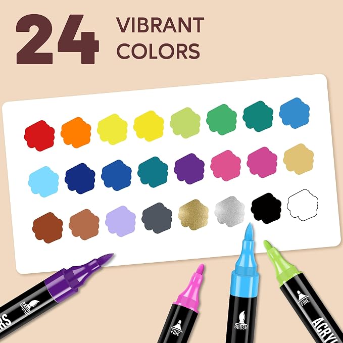Pagather 24 Colors Acrylic Paint Markers, Dual Tip with Fine Tip and Brush Tip Pens for Stone, Wood, Calligraphy, Canvas, Ceramic, Metal, Glass, Rock Painting, DIY Crafts Art Supplies Kit