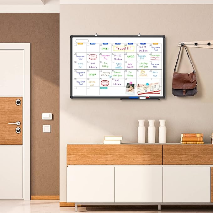Magnetic Dry Erase Calendar Whiteboard 36" x 24" Aluminum Frame（Black） | Magnetic Monthly Planner Board, Wall Mounted or Hanging. Calendar Design Suitable for Daily Planning of Home, Office, Class