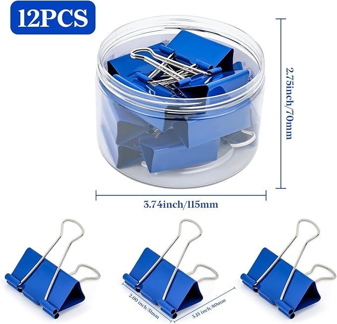 Temiary 12 Pcs Binder Clips, 2 Inch Large Metal Binder Paper Clip with Container, Blue Paper Clamps Bulk for Office, Home, School Supplies