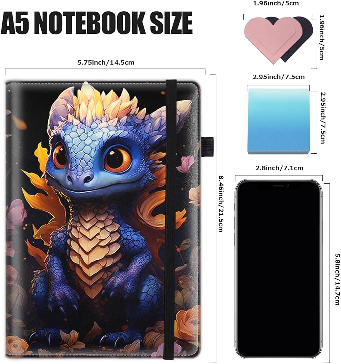 Hardcover Executive Notebooks, A5 PU Leather Lined Journal Notebook, 200 Pages Thick Paper Subject Notebooks for School,Work,Home Writing Business Notebook, Diary Book ， Baby Dragon
