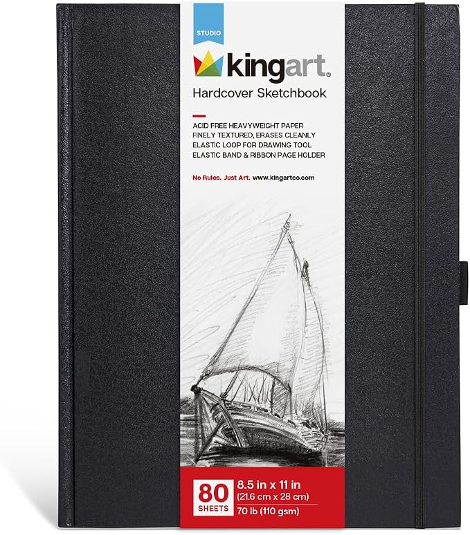 KINGART Hardcover Sketchbook Journal – 8.5 x 11 Inch, 1-Pack – 80 Sheets (160 Pages), 70 lb (110 GSM) Acid-Free Heavyweight Black Bound Notebook
