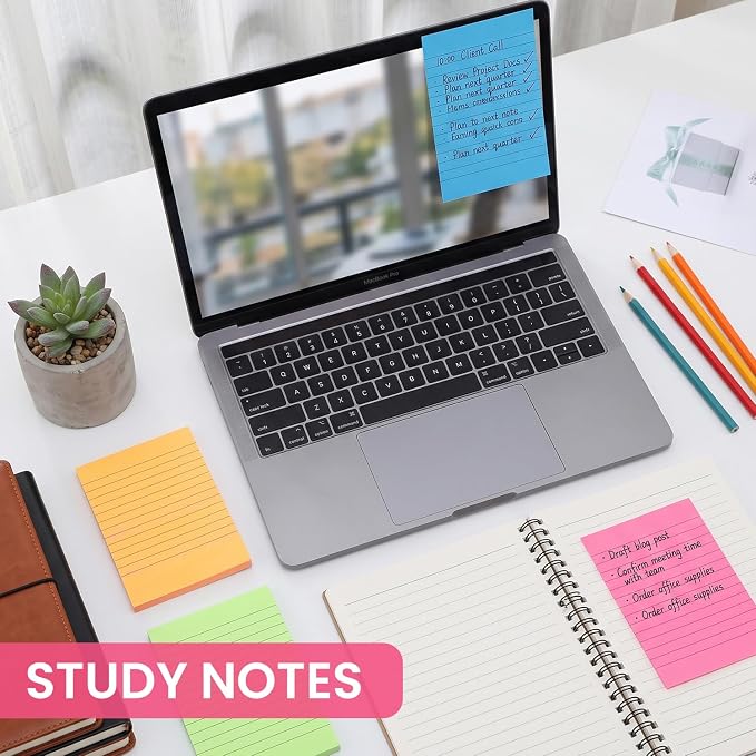 6 Pack 4x6 Lined Sticky Notes, 270 Sheets Super Sticky Memo Pads with Lines | Colorful Self-Stick Notes for Office, School, Teacher Supplies, Study Notes, To Do Lists & Daily Reminders