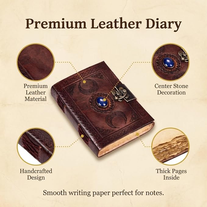 cuero 3 Moon Blue Lapis Embossed Vintage Leather Journal for Men & Women - 128 Pages, Antique Handmade Deckle Edge Vintage Paper, Leather Journal Writing Notebook Dairy Gift (5 inch by 7 inch, Brown)