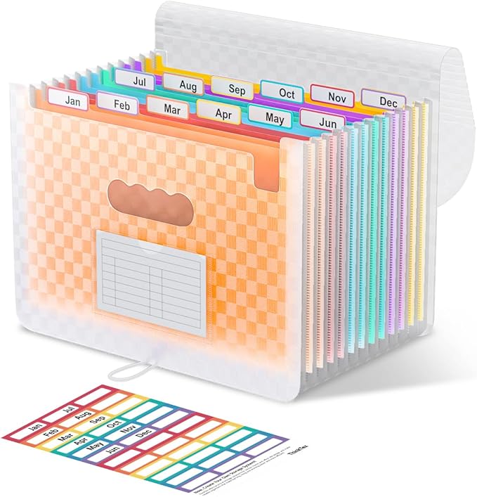 ThinkTex Accordion File Organizer, 12 - Pocket Expanding File Folders | for Paper Receipts, Bills&Taxes Organizer, Letter/A4 Size Document Holder for School, Office, Home with Colorful tabs-Orange