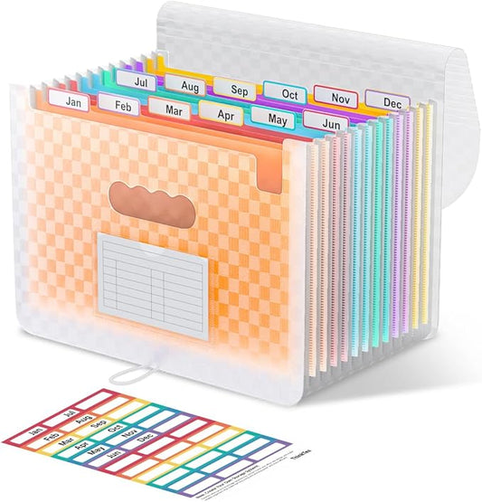 ThinkTex Accordion File Organizer, 12 - Pocket Expanding File Folders | for Paper Receipts, Bills&Taxes Organizer, Letter/A4 Size Document Holder for School, Office, Home with Colorful tabs-Orange