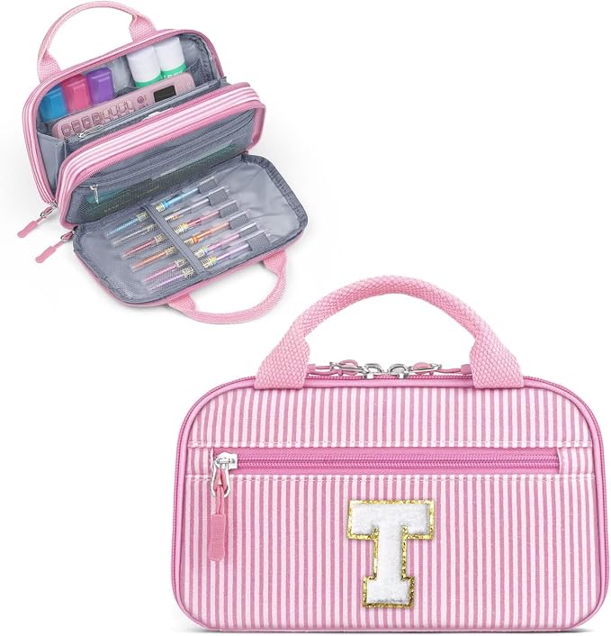 YOOLIFE Initial Pencil Box for Girls, Cute Pencil Pouch Pen Case, Large Capacity Aesthetic School Supplies for Teen Girls, Pink T