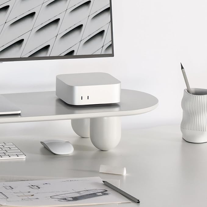 Fenge Computer Monitor Stand with Solid Beech Wood Legs, 34 Inch | All-White Finished Panell, 5-Min Tool-Free Assembly, Oval Monitor Riser for Art Spaces, Studios, Home Office