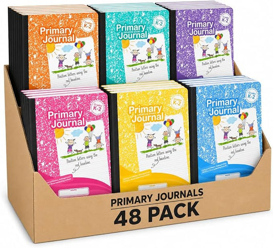 Primary Composition Notebook K-2, Primary Journal Grades K 2, Preschool, 1st Grade, Kindergarten Notebooks, Primary Ruled - 9.75 x 7.50 - Sturdy Covers - 100 Sheets - Assorted Colors (Bulk - 48 Pack)